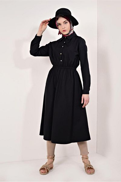 TRENDTESETTÜR Women's Black Gathered Waist Tunic 60003