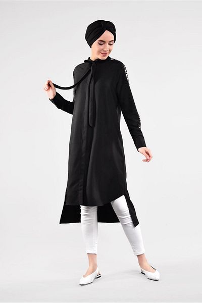 TRENDTESETTÜR Women's Black Sequined Sleeves Tunic 5032