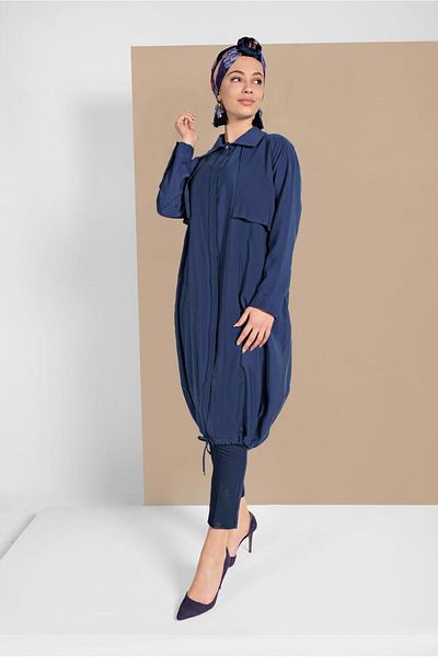 TRENDTESETTÜR Γυναικεία καμπαρντίνα Navy Blue (INDIGO) με ελαστική άκρη φούστας 1403