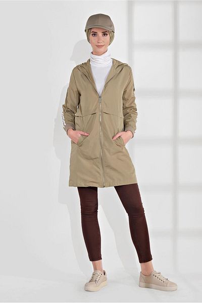 TRENDTESETTÜR Γυναικείο καφέ (CAMEL) με ριγέ λεπτομέρεια με κουκούλα καμπαρντίνα 3608