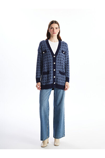 LC Waikiki Blue V-Neck Plaid Women's Knitwear Cardigan