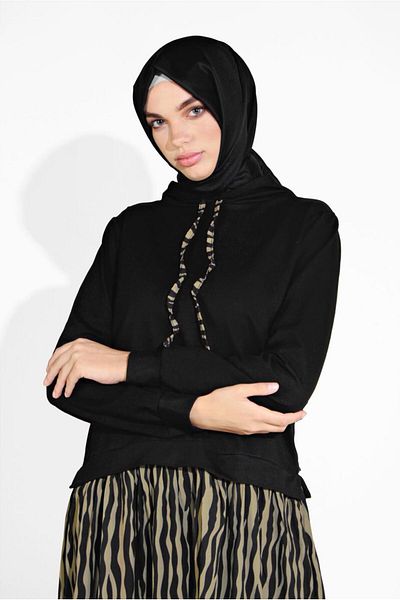 TRENDTESETTÜR Women's Black Zebra Print Hooded Tunic - Black-Mink 6016