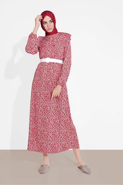 TRENDTESETTÜR Red Floral Print Ruffle Women's Dress 4505