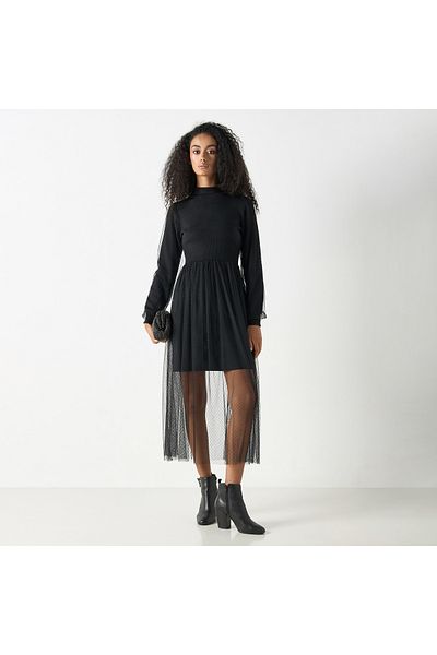 2Xtremz Mesh Textured Midi Dress with Long Sleeves and High Neck