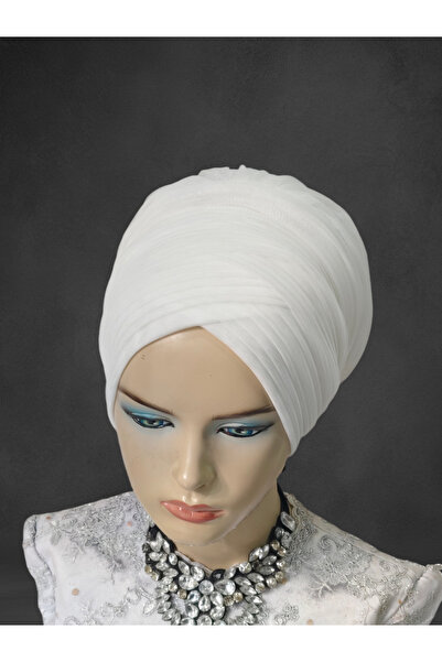 NurAy Off White Bridal Head Wrapping Model Ready Turban Ready Wrap Evening Dress Wrap Cap