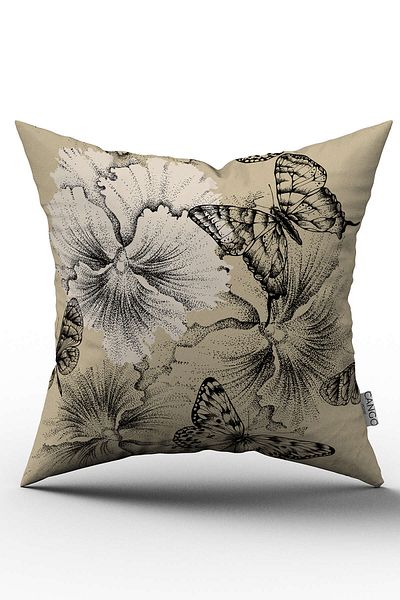 Cango Home Black Beige Flower and Butterfly Patterned Digital Printed Throw Pillow Cover - Otyk790