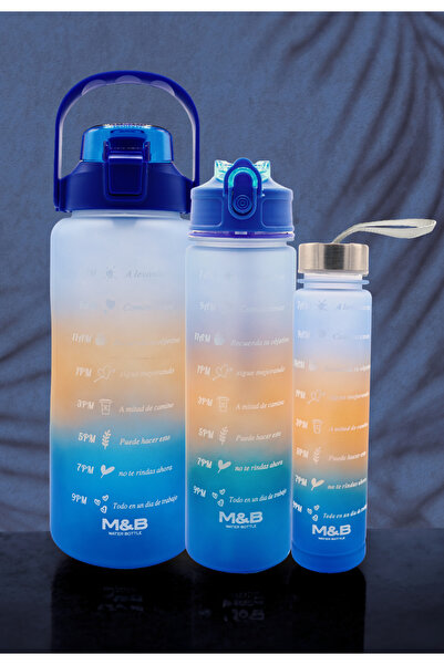 M&B WATER BOTTLE 3'lü Motivasyonel Matara Seti - Günlük Spor Kamp Su Matarası Pipetli Suluk Su Şişesi 2000-900-500ml