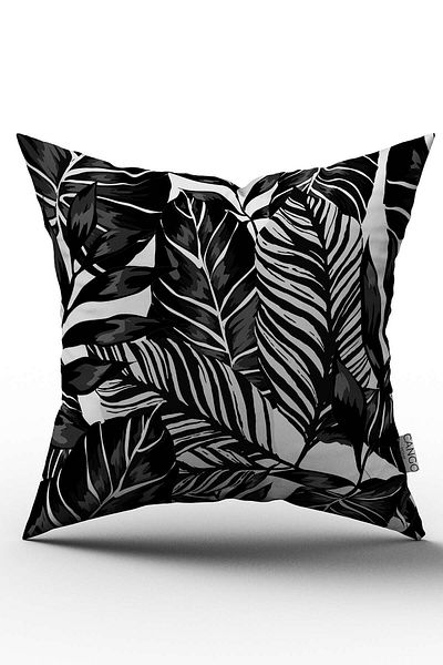 Cango Home Husă de pernă decorativă alb-negru cu model de frunze imprimate digital - Otyk817