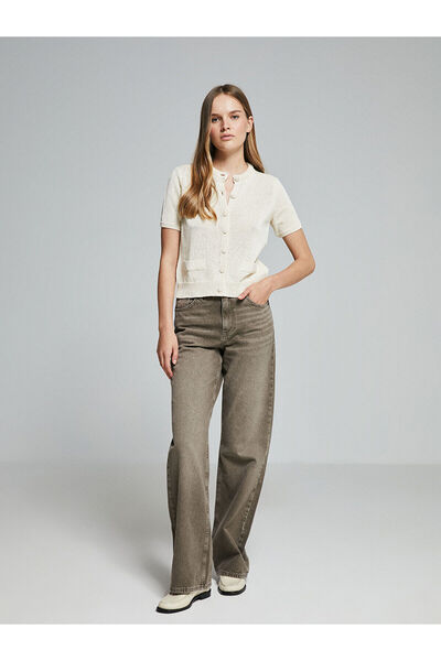 LC Waikiki Ecru Crew Neck Openwork Women's Knitwear Cardigan