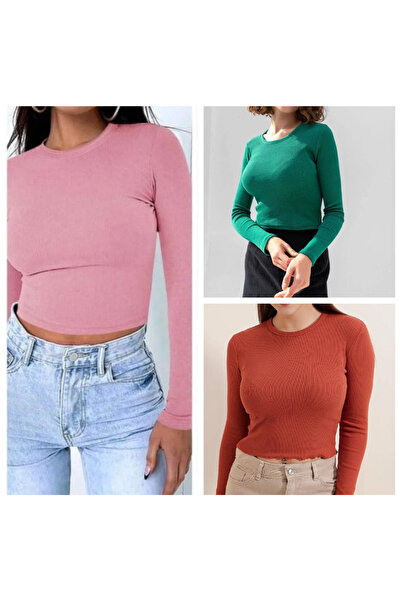 Lorya Giyim Pachet de 3 bluze crop pentru femei, 100% bumbac, cu mânecă lungă...