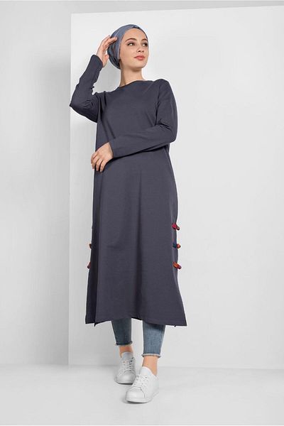 TRENDTESETTÜR Women's Gray (SMOKED) Side Parts Piping Detailed Tunic 95805
