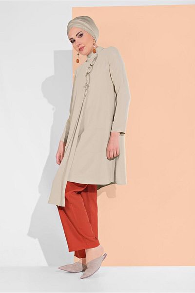 TRENDTESETTÜR Women's Beige (STONE) Turtleneck Asymmetrical Cut Tunic 3065