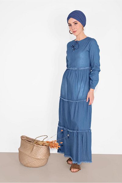 TRENDTESETTÜR Γυναικείο τζιν φόρεμα με μπλέ Navy (INDIGO) με κορδόνια 714