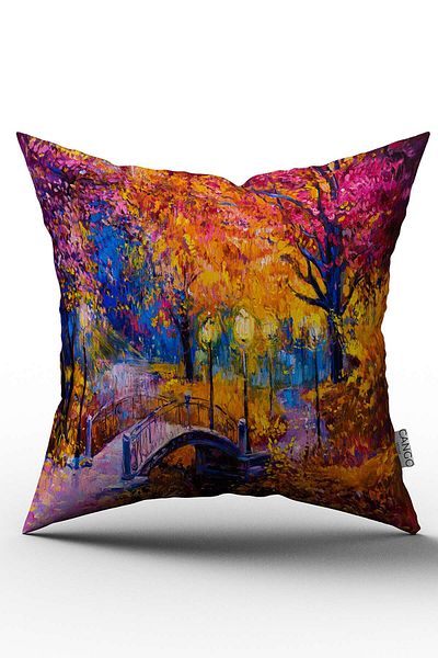 Cango Home Orange Pink Oil Painting Forest View Digital Printed Throw Pillow Cover - Otyk737