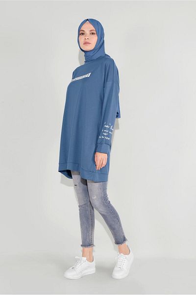 TRENDTESETTÜR Women's Navy Blue (Indigo) Text Detailed Crew Neck Tracksuit Tunic 5136