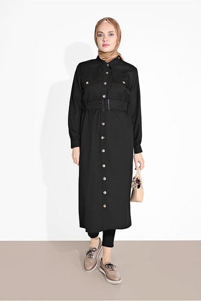 TRENDTESETTÜR Women's Black Neck Buttoned Belted Tunic 3375