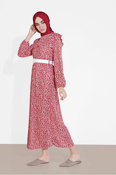 TRENDTESETTÜR Red Floral Print Ruffle Women's Dress 4505