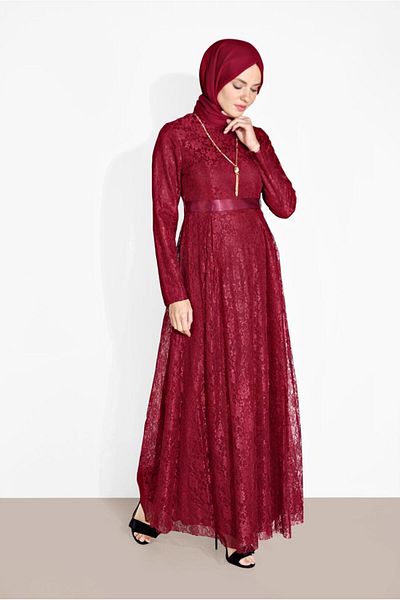 TRENDTESETTÜR Women's Burgundy Lace Belted Crew Neck Dress 6665