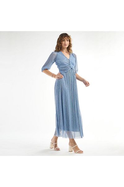 FAV Textured V-neck Dress with 3/4 Sleeves and Knot Detail