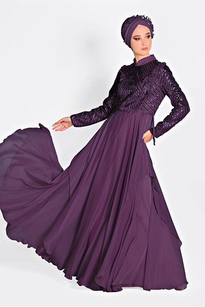 TRENDTESETTÜR Women's Purple Bead Embroidered Chiffon Evening Dress 5494