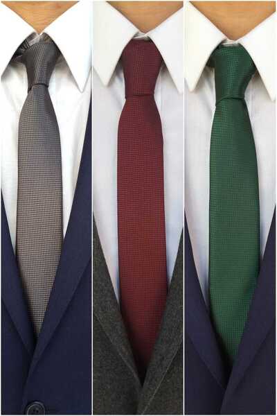 Kravatistan Koyu Gri Bordo Yeşil 5 cm Üçlü Kravat Mendil Seti