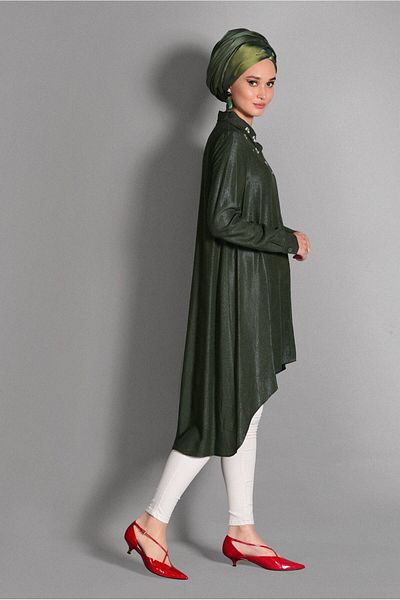 TRENDTESETTÜR Khaki Silvery Wide Cut Women's Tunic 4782