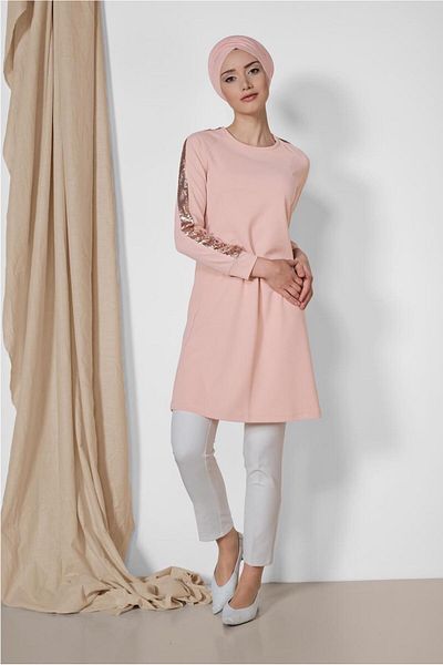 TRENDTESETTÜR Powder Colored Women's Tunic with Sequins on the Arm, Model 4159