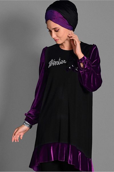 TRENDTESETTÜR Women's Black Velvet Fabric Detailed Tunic 4732