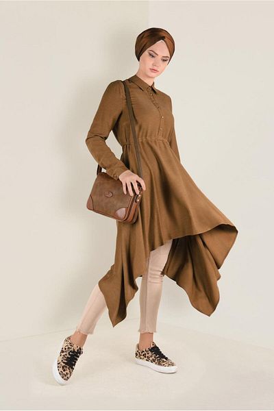 TRENDTESETTÜR Women's Tan Asymmetric Cut Gathered Waist Tunic 4631