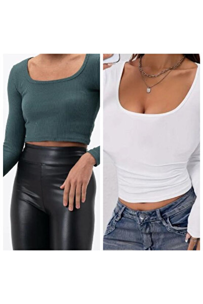 Lorya Giyim Pachet de 2 bluze crop cu mânecă lungă, 100% bumbac, cu guler pătrat