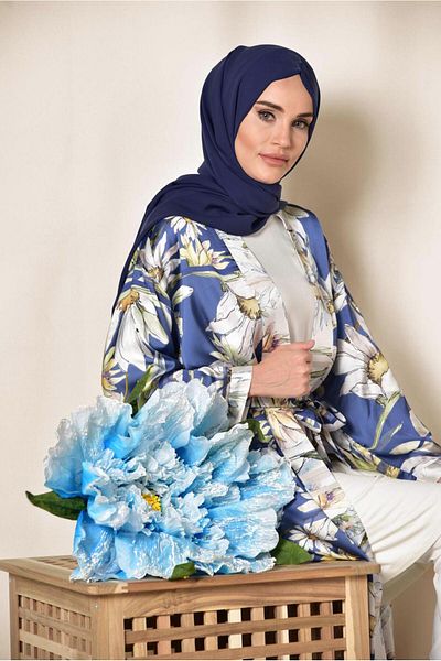TRENDTESETTÜR Γυναικείο κιμονό Navy Blue Saks με μοτίβο λουλουδιών - 4934