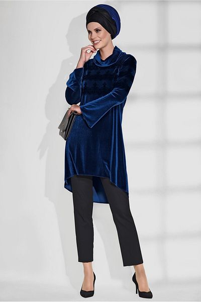 TRENDTESETTÜR Γυναικείο Navy Blue (INDIGO) Σάλι γιακά Δαντέλα Λεπτομερές τουνίκ 4870