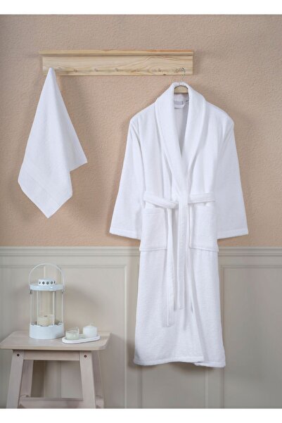 Ellaline Σετ μπουρνούζι 100% βαμβάκι Certified Shalyaka Σετ πετσέτες κεφαλής μπουρνούζι 2 τεμάχια Λευκό