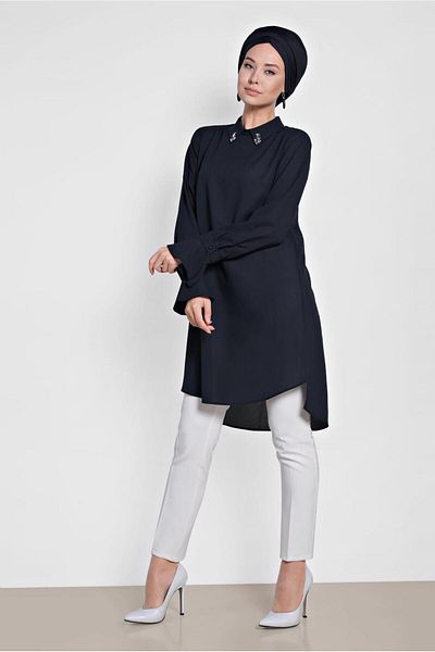 TRENDTESETTÜR Navy Blue Women's Tunic with Neckline Accessories 4879