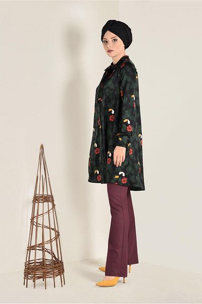 TRENDTESETTÜR Women's Black (BLACK-KHAKI) Floral Patterned Tunic with Bow Collar 4759