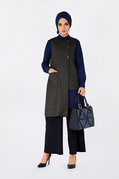 TRENDTESETTÜR Women's Navy Blue (LACY-VISON) Asymmetric Cut Gingham Patterned 2-Piece Tunic 4756