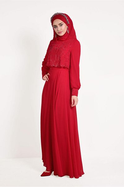 TRENDTESETTÜR T 5471 Model Stone Detailed Chiffon Evening Dress