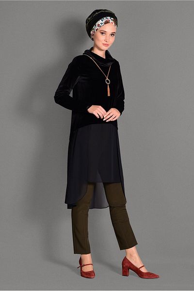 TRENDTESETTÜR Women's Black Judge Collar Skirt Tip Tulle Velvet Tunic 4678