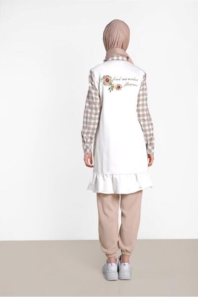 TRENDTESETTÜR Women's Beige Checked Text Printed Tunic 4308