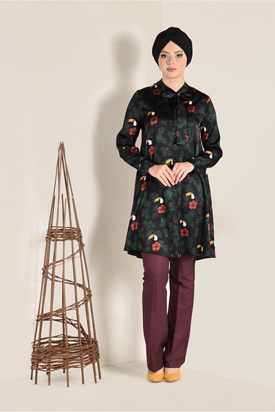 TRENDTESETTÜR Women's Black (BLACK-KHAKI) Floral Patterned Tunic with Bow Collar 4759