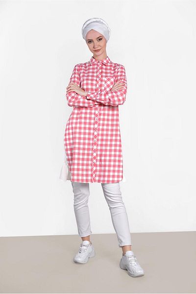 TRENDTESETTÜR Women's Coral Tunic - Checked Text Printed, Model 4308
