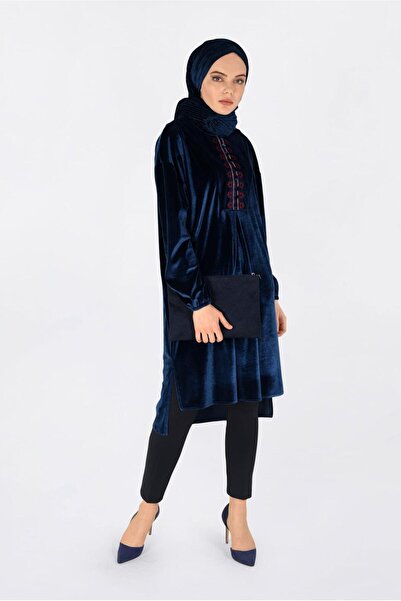 TRENDTESETTÜR KADIN LACİVERT (İNDİGO) NAKIŞLI KADİFE TUNİK 4794