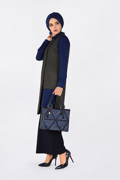 TRENDTESETTÜR Women's Navy Blue (LACY-VISON) Asymmetric Cut Gingham Patterned 2-Piece Tunic 4756