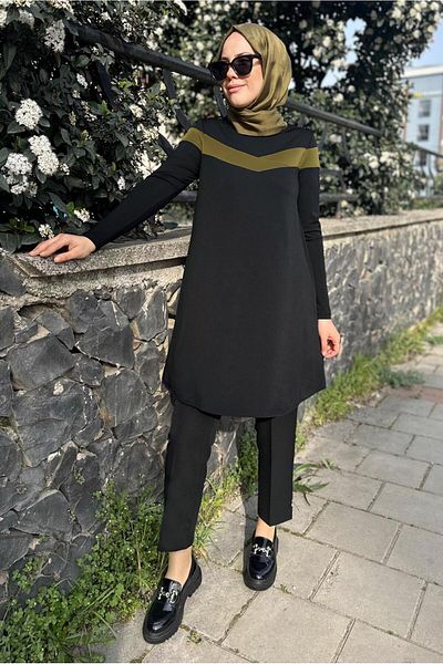 TRENDTESETTÜR Women's Black Stripe Detailed Crew Neck Tunic 4778