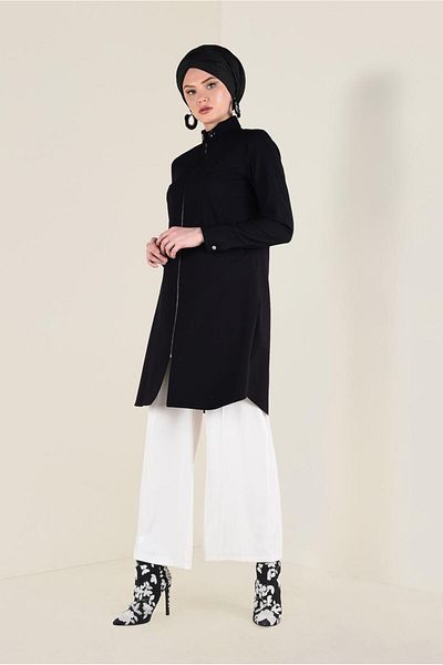 TRENDTESETTÜR Women's Black Judge Collar Laces Chain Detailed Tunic 4772