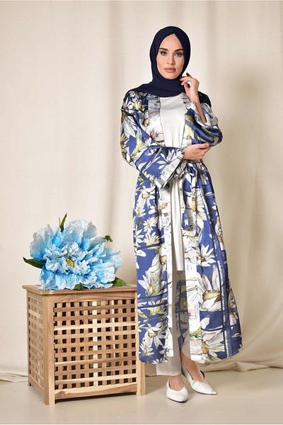 TRENDTESETTÜR Γυναικείο κιμονό Navy Blue Saks με μοτίβο λουλουδιών - 4934