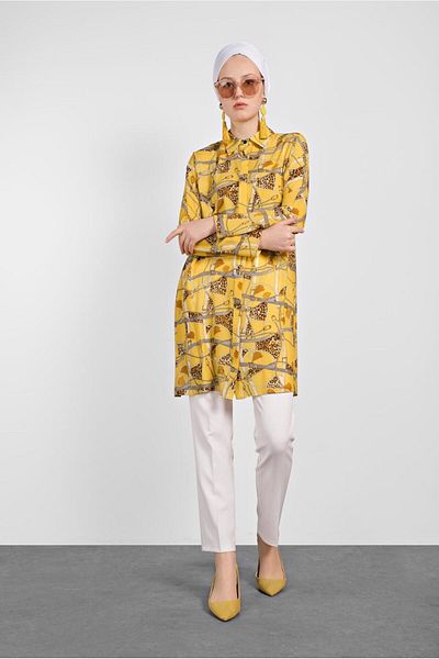 TRENDTESETTÜR Women's Yellow Leopard Patterned Tunic 4492