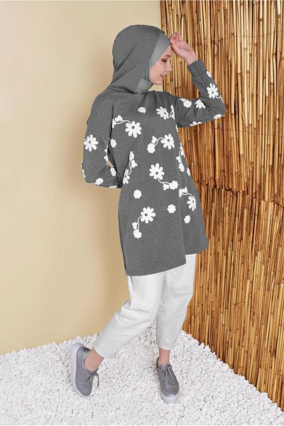TRENDTESETTÜR Gray Floral Printed Hooded Women's Tracksuit Tunic - 0456