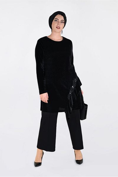 TRENDTESETTÜR Women's Black Ruffle Detailed Tunic 2756