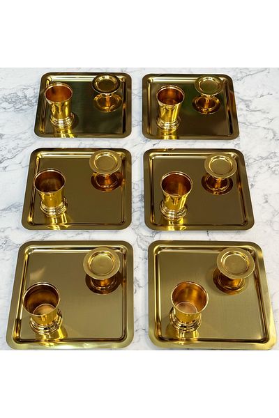 MİMOZA PARK 2Pcs Luxury Square Stainless Steel Gold Color 21X21Cm Coffee Serving Presentation Tray & Saucer